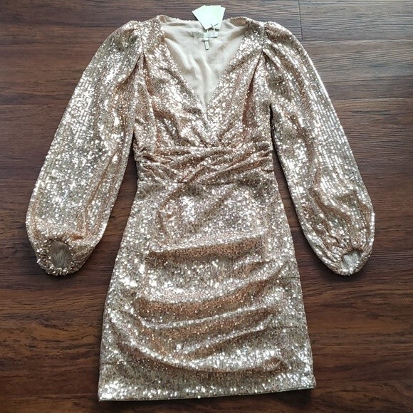 NWT Maje Womens Rose Gold Disco Short Sequined Deep V Evening Dress Size 34 - Picture 2 of 7